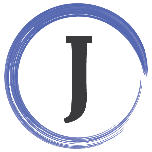 painted blue circular brush strokes surrounding letter j